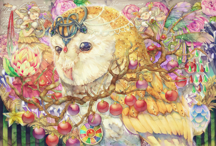 animal bad_id bad_pixiv_id bird branch dress feathers flower hair_rings hand_on_own_chest multiple_girls original ornament outstretched_arm owl star traditional_media watercolor_(medium) yogisya