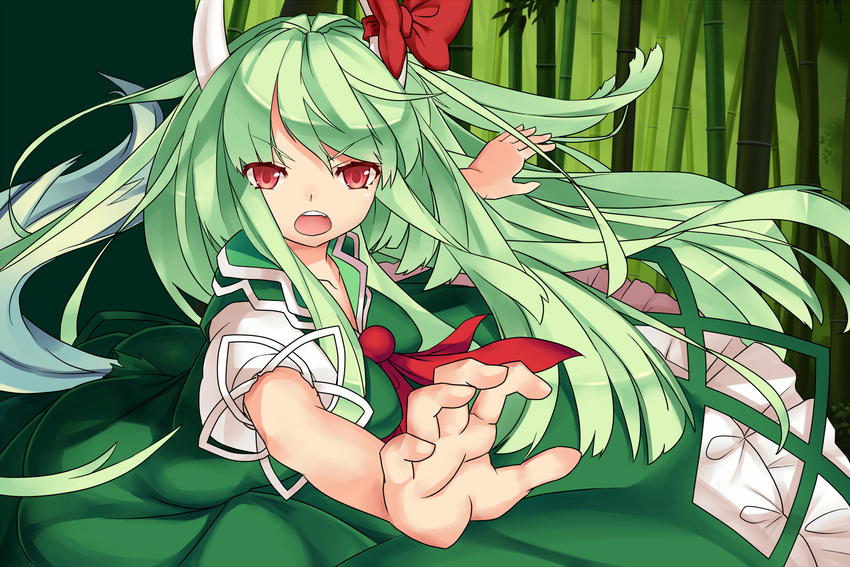 bamboo dress ex-keine face foreshortening green_hair hands highres horns kamishirasawa_keine long_hair mikan_(bananoha) open_mouth red_eyes solo touhou