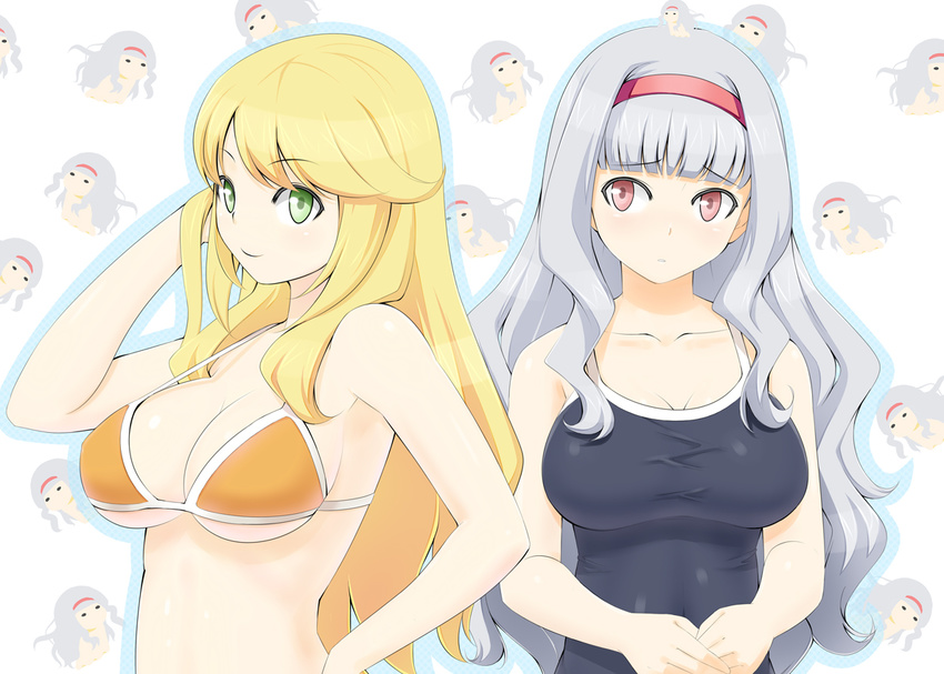 adjusting_hair bare_shoulders bikini blonde_hair breasts cleavage green_eyes hairband hand_on_hip hoshii_miki idolmaster idolmaster_(classic) large_breasts long_hair multiple_girls one-piece_swimsuit red_eyes school_swimsuit shijou_takane shirt shougi_(116) silver_hair skin_tight swimsuit taut_clothes taut_shirt