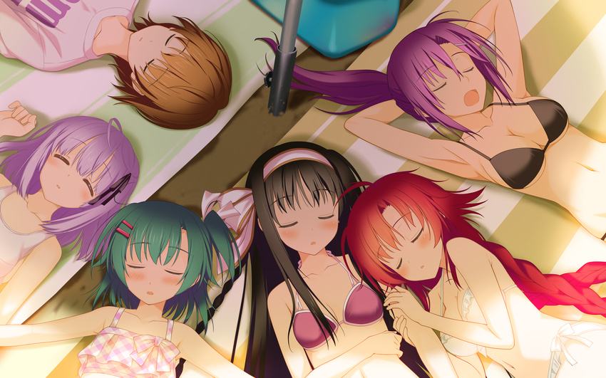 ahoge armpits arms_behind_back arms_behind_head bikini black_bikini black_hair black_ribbon braid breasts brown_hair casual_one-piece_swimsuit cleavage closed_eyes eyebrows eyebrows_visible_through_hair game_cg green_hair hair_ornament hair_ribbon highres ichinose_ayumu irotoridori_no_sekai kisaragi_mio_(irotoridori_no_sekai) long_hair medium_breasts minami_kana_(irotoridori_no_sekai) multiple_girls natsume_suzu one-piece_swimsuit open_mouth outdoors ponytail purple_bikini purple_hair red_hair ribbon shida_kazuhiro shikishima_kyou side-tie_bikini sideboob sleeping small_breasts swimsuit toumine_tsukasa underboob white_bikini white_swimsuit