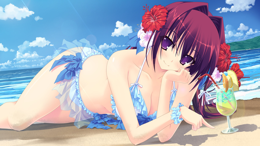 beach bikini breasts chin_rest cleavage cloud day drink flower frilled_bikini frills game_cg glass hair_intakes hibiscus kikurage_(plastic_people) kimi_wo_aogi_otome_wa_hime_ni lying medium_breasts ocean outdoors purple_eyes sky solo swimsuit tropical_drink washio_rin water