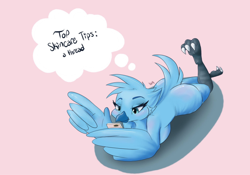 anthro avian beak bird blue_eyes blue_feathers breasts butt english_text feathers female hi_res lying nude on_front phone ring_(artist) simple_background solo tasteful text thought_bubble tweetfur twitter