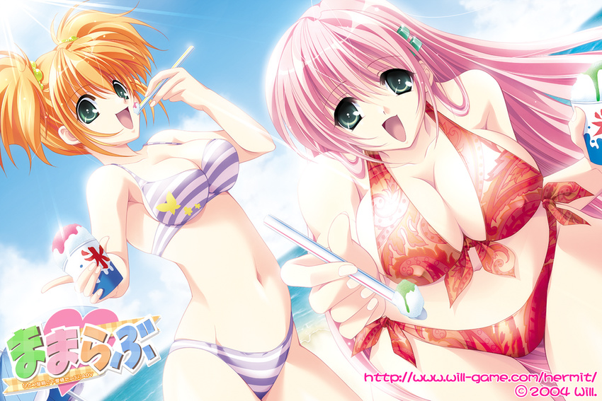 2girls beach bikini breasts fujieda_koyuki fujieda_ryouko green_eyes hips large_breasts long_hair mama_love mamarabu multiple_girls orange_hair pink_hair short_twintails swimsuit twintails wallpaper wide_hips yama_bikko