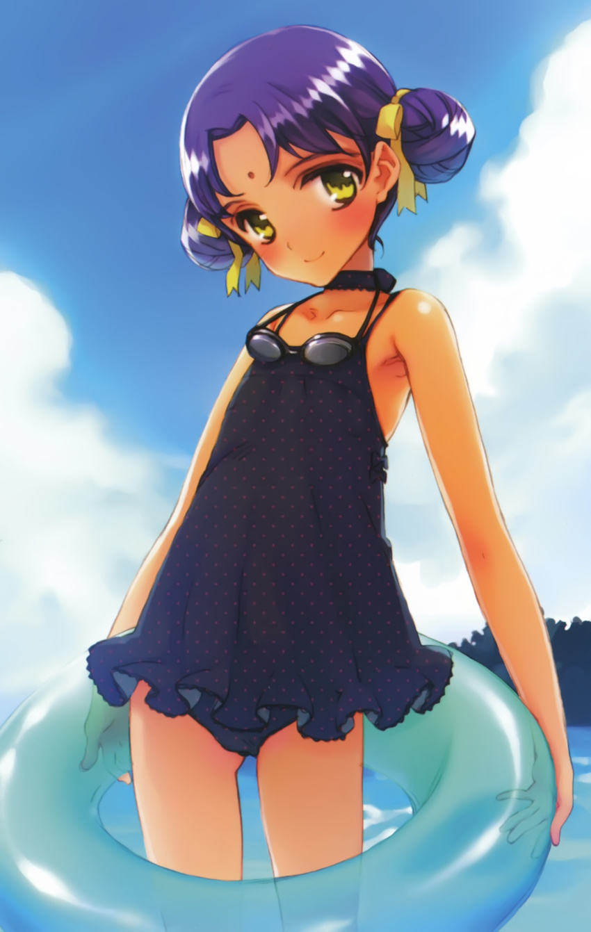 absurdres armpits bindi blush child choker cloud dark_skin day double_bun flat_chest frilled_swimsuit frills goggles goggles_around_neck hair_ribbon highres innertube one-piece_swimsuit ooshiro_chitose ooyari_ashito outdoors period period_sweet_drops polka_dot polka_dot_swimsuit purple_hair ribbon see-through short_hair sky smile solo standing swimsuit wading water yellow_eyes