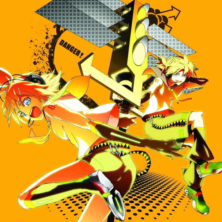 1girl aqua_eyes bad_id bad_pixiv_id bare_shoulders blonde_hair boots brother_and_sister directional_arrow elbow_gloves gloves hair_ornament hair_ribbon hairclip headphones headset kagamine_len kagamine_rin kisetsu necktie open_mouth ribbon short_hair shorts siblings sleeveless smile traffic_light twins vocaloid