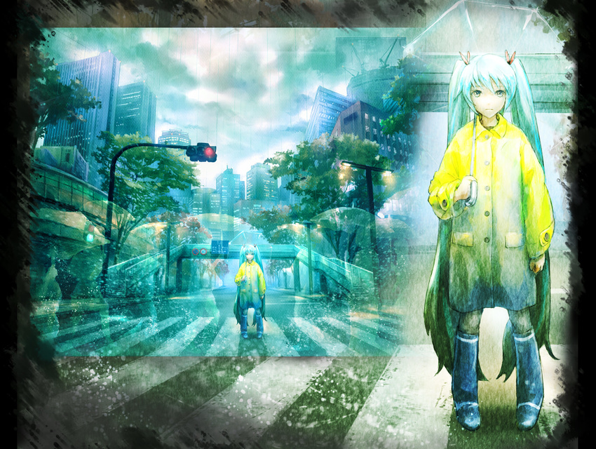 aqua_eyes aqua_hair arm_at_side boots building cb city closed_mouth cloud cloudy_sky commentary_request crosswalk crowd hair_ornament hatsune_miku holding holding_umbrella lamppost legs_apart long_hair long_sleeves looking_at_viewer multiple_views outdoors outside_border pedestrian_bridge pigeon-toed rain raincoat road road_sign sign sky skyscraper solo_focus standing street traffic_light transparent transparent_umbrella tree twintails umbrella very_long_hair vocaloid walking yellow_coat