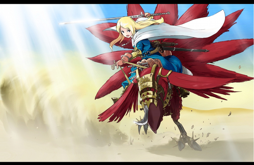 armor armored_dress barding bird blonde_hair boots buncha_to_imon cape chocobo desert dust_cloud final_fantasy final_fantasy_tactics gloves grey_eyes knife knight_(fft) letterboxed long_hair multiple_tails riding sheath spikes sword tail weapon