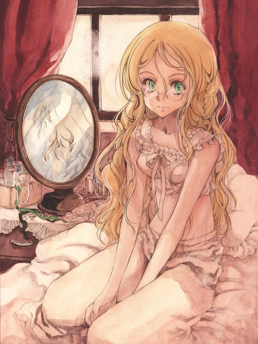 bad_id bad_pixiv_id bed bedroom blonde_hair curly_hair curtains frills glasses green_eyes highres indoors jewelry long_hair mirror necklace original pillow ribbon senkyoushi_gondolf solo window