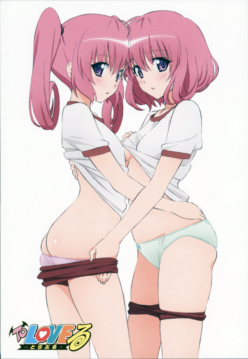 2girls artist_request ass blush buttocks highres momo_velia_deviluke multiple_girls nana_asta_deviluke panties panty_pull pink_hair purple_eyes short_hair to_love-ru toloveru twintails underwear violet_eyes