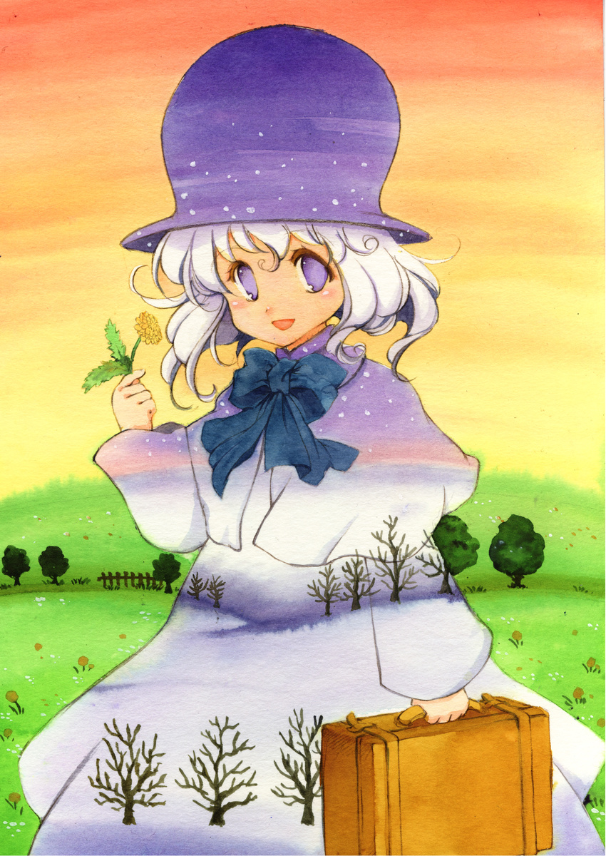 absurdres bad_id bad_pixiv_id bare_tree capelet dandelion flower grass hat highres original purple_eyes ribbon seasons senkyoushi_gondolf short_hair snow solo suitcase sunset surreal tree white_hair