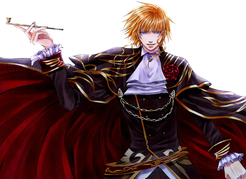 beatrice blonde_hair blue_eyes cape chain cravat flower frills genderswap genderswap_(ftm) highres kaoru kiseru male_focus pipe rose solo umineko_no_naku_koro_ni