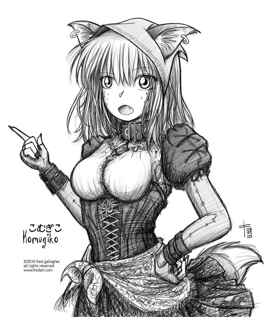 2010 animal_ears breasts collar corset earrings fang fingernails fox_ears fox_tail fred_gallagher greyscale highres jewelry komugiko large_breasts megatokyo monochrome open_mouth solo tail