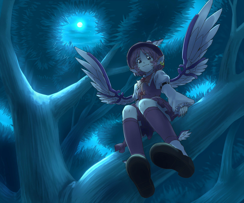 :3 animal_ears bad_id bad_pixiv_id black_eyes blue earrings fingernails from_below full_moon glowing highres in_tree jewelry kneehighs long_fingernails looking_down moon moonlight mystia_lorelei night pink_hair shiba_itsuki short_hair single_earring sitting sitting_in_tree smile socks solo touhou tree wings