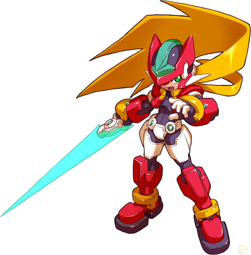 armor blonde_hair green_eyes helmet long_hair makoto_yabe male_focus model_zx official_art open_mouth ponytail rockman rockman_zx solo sword vent weapon