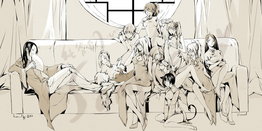 6+girls ^_^ ahoge alternate_costume alternate_hair_length alternate_hairstyle america_(hetalia) animal animal_ears antenna_hair arm_support arm_up artist_name austria_(hetalia) axis_powers_hetalia bad_id bad_pixiv_id bare_legs bare_shoulders bird black_hair blush breasts cat_ears cat_tail chick china_(hetalia) china_dress chinese chinese_clothes cleavage closed_eyes couch crossed_ankles crossed_arms crossed_legs cup curtains detached_collar dress dress_tug drink fan faucet feather_boa fingernails flower food france_(hetalia) genderswap genderswap_(mtf) germany_(hetalia) hair_bun hair_down hair_flip hair_flower hair_ornament hair_up hairpin hand_in_hair hand_on_own_cheek hand_on_own_face hand_on_shoulder hands_on_own_knees happy head_tilt heart high_heels highres holding holding_pizza japan_(hetalia) kiseru kneeling large_breasts leaning_back long_fingers long_hair looking_at_viewer looking_down lying monochrome multiple_girls nail_polish no_bra no_socks northern_italy_(hetalia) on_side one_eye_closed open_mouth pants pantyhose pipe pizza ponytail prussia_(hetalia) russia_(hetalia) sepia shoes short_hair side_slit sitting skirt skirt_tug sleeveless smile smoking spread_legs star tail text_focus thighs twintails unbuttoned united_kingdom_(hetalia) v_arms wand wariza window wumajii