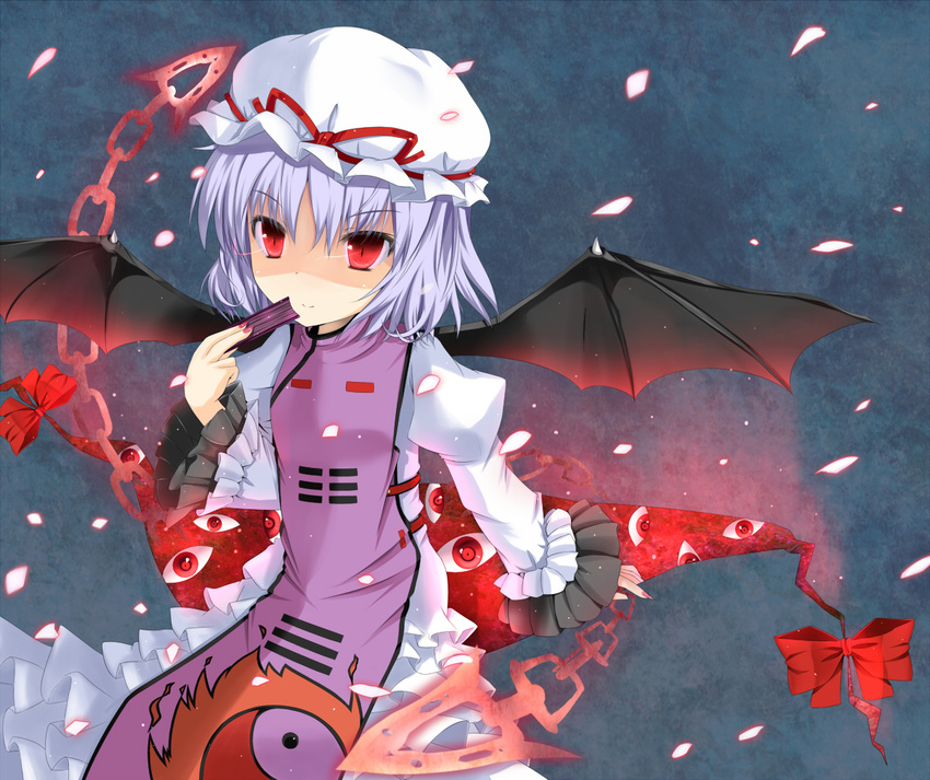 bat_wings blue_hair chain cosplay fujieda_uzuki gap hat red_eyes remilia_scarlet solo tabard touhou trigram wings yakumo_yukari yakumo_yukari_(cosplay)