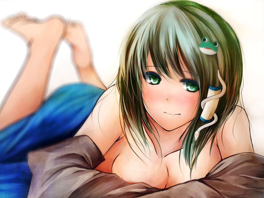 bare_legs bare_shoulders barefoot biting blush breasts cleavage face frog green_eyes green_hair hair_ornament highres kochiya_sanae legs_up lip_biting lying medium_breasts metalwasabi on_stomach open_clothes open_shirt shirt skirt smile snake solo touhou