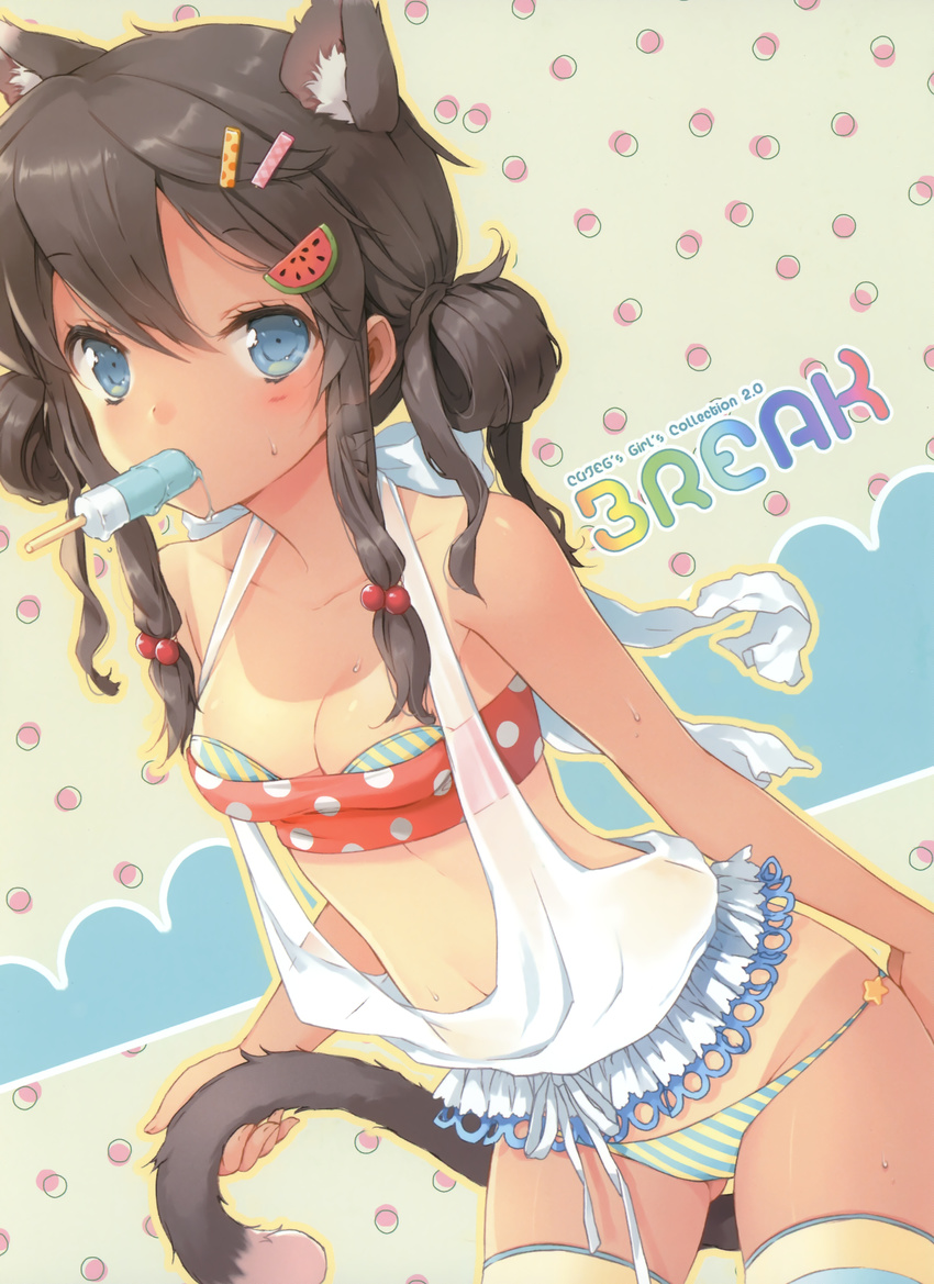 1girl absurdres animal_ears bandeau bikini blue_eyes breasts cat_ears cat_tail cleavage cuteg dutch_angle food_themed_clothes hair_bobbles hair_ornament hairpin highres holding_own_tail looking_at_viewer mouth_hold one-piece_tan original panties payot polka_dot popsicle see-through sidelocks solo striped striped_bikini striped_legwear striped_swimsuit striped_thighhighs sweat sweatdrop swimsuit tail tail_hold tan tanline thighhighs underwear
