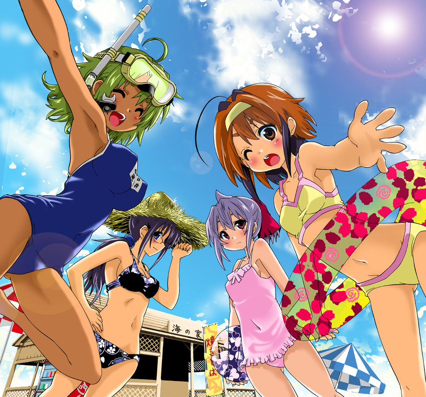 ^_^ ahoge akira_(umihan) ball banner beach_house beachball bikini blue_eyes breasts brown_eyes brown_hair casual_one-piece_swimsuit closed_eyes cloud coca-cola covered_navel day diving_mask green_hair grey_hair hat highres innertube lens_flare medium_breasts multicolored_hair multiple_girls name_tag navel nobori one-piece_swimsuit one_eye_closed open_mouth original outstretched_arm outstretched_hand print_bikini purple_hair red_eyes school_swimsuit short_hair snorkel straw_hat swimsuit tan two-tone_hair vending_machine