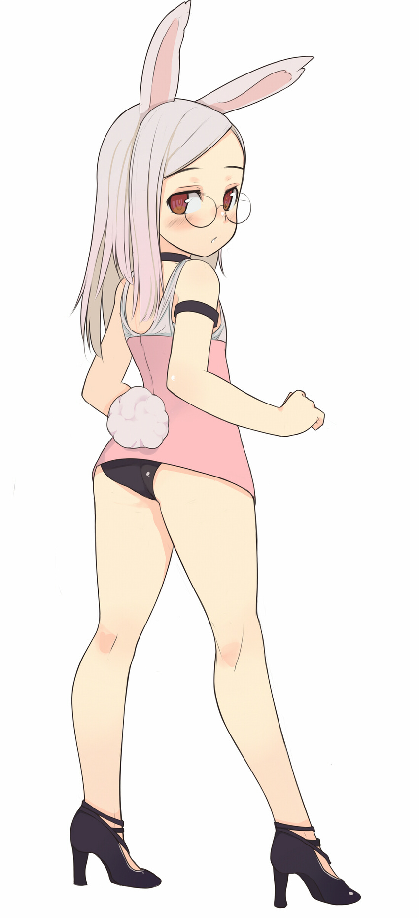 absurdres animal_ears armlet ass bare_legs blush bunny_ears bunny_tail choker elin_(tera) full_body glasses grey_hair high_heels highres long_hair looking_back no_pants oza_watto panties red_eyes shoes simple_background solo tail tera_online underwear white_background