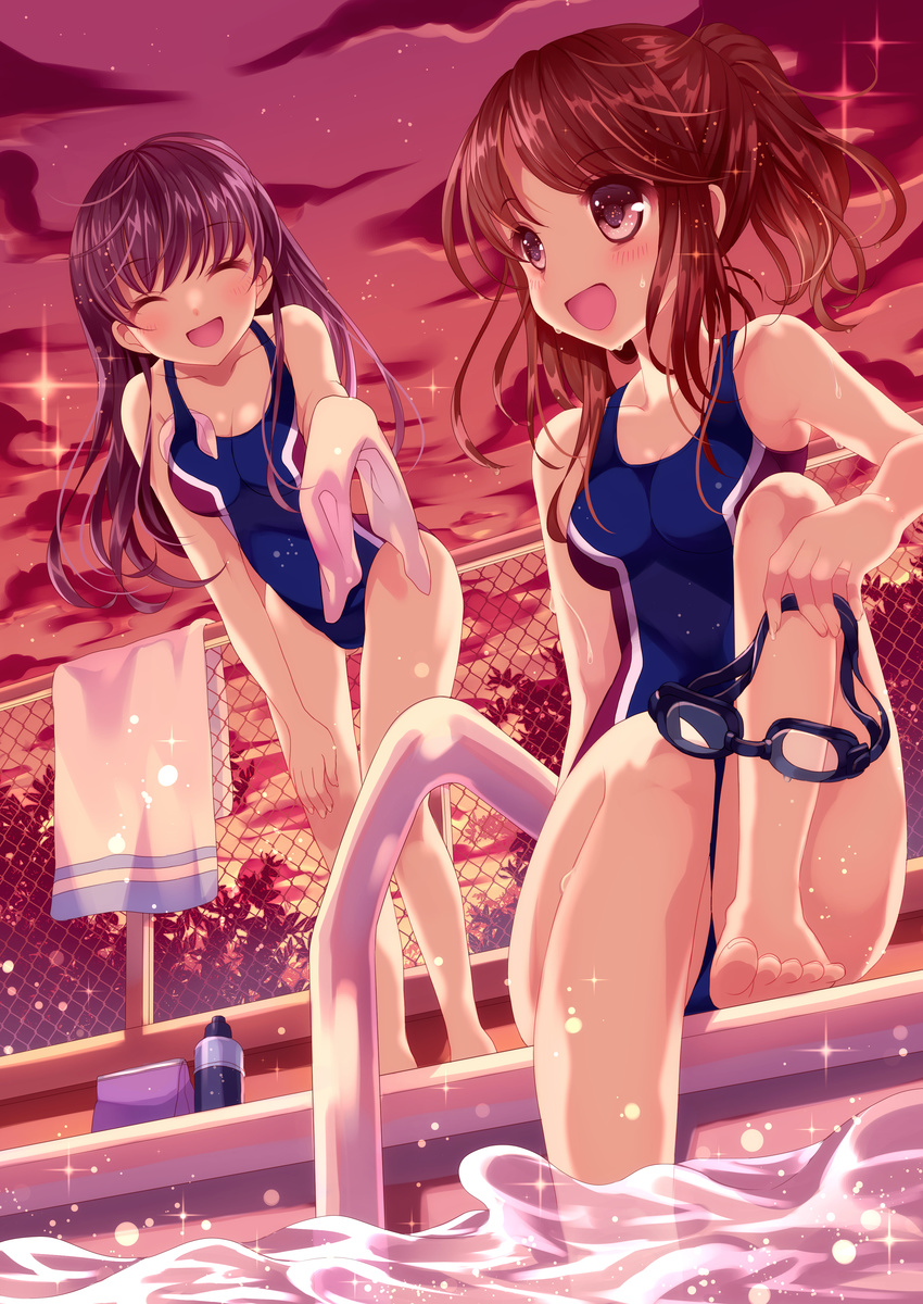 :d absurdres bare_legs bare_shoulders barefoot black_hair blush breasts brown_eyes brown_hair chain-link_fence cleavage closed_eyes cloud collarbone competition_swimsuit fence goggles goggles_removed highres impossible_clothes leaning_forward long_hair medium_breasts multiple_girls one-piece_swimsuit open_mouth original outdoors ponytail pool pool_ladder poolside sitting sky smile soaking_feet sparkle star_(sky) sunset swimsuit towel wasabi_(sekai) water