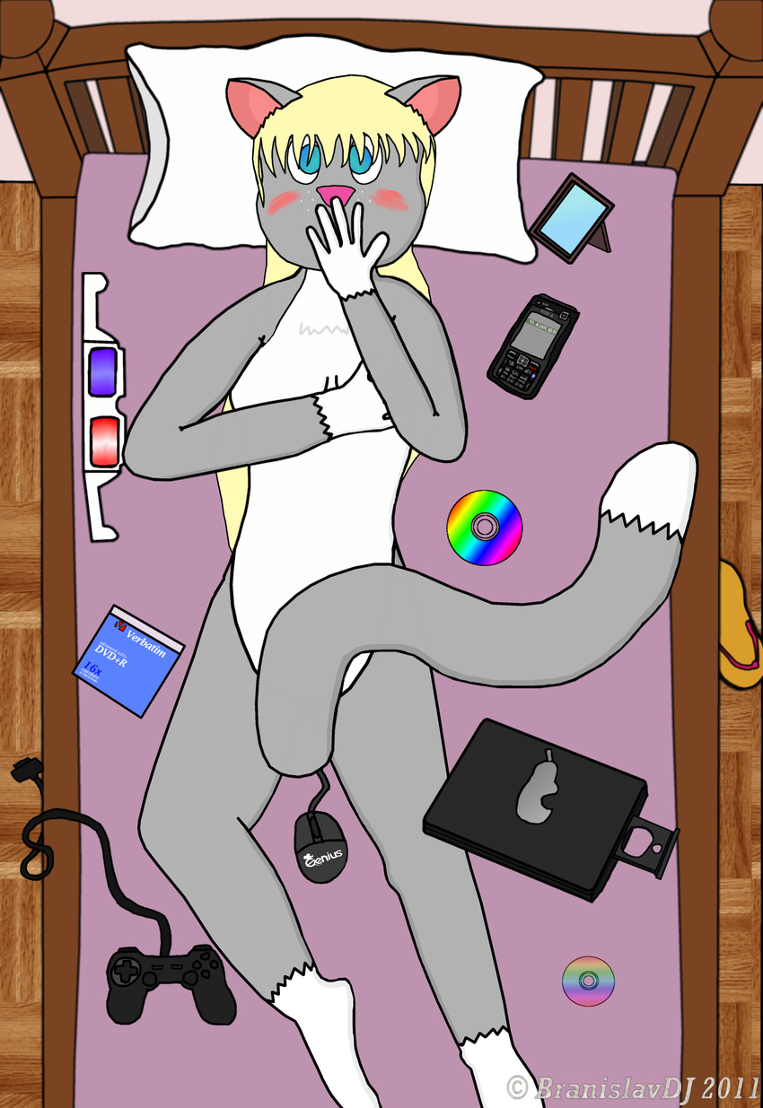 2011 absurd_res bed blonde_hair blue_eyes blush branislavdj cat cd computer computer_mouse feline female floor gamepad hair hi_res laptop looking_at_viewer nokia shy slipper tail telephone