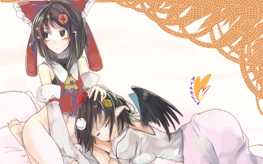 barefoot black_hair black_wings blush bottomless bow brown_hair detached_sleeves flower hair_bow hair_flower hair_ornament hakurei_reimu hat mito_(calcomer) multiple_girls navel pointy_ears shameimaru_aya sleeping tokin_hat touhou wings