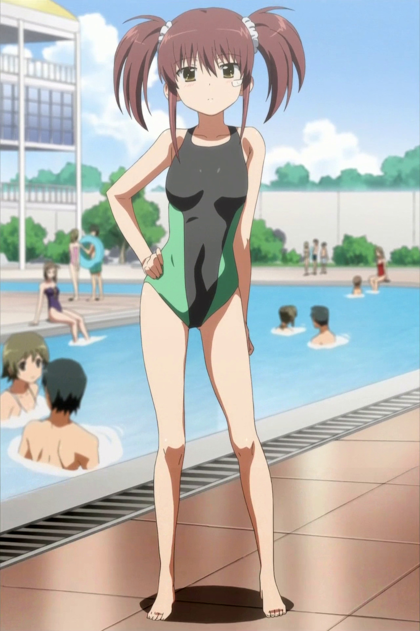 bandaid brown_hair highres kiss_x_sis one-piece_swimsuit pool screencap solo_focus suminoe_riko swimsuit twintails