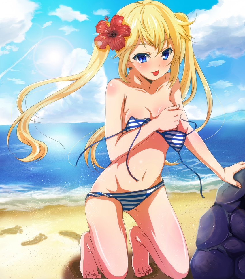 :p absurdres bare_legs barefoot beach bikini blonde_hair blue_eyes breast_hold breasts cloud day flower footprints hair_flower hair_ornament hibiscus highres kneeling lens_flare long_hair navel noa_p original outdoors sky solo striped striped_bikini swimsuit tongue tongue_out twintails untied wardrobe_malfunction water