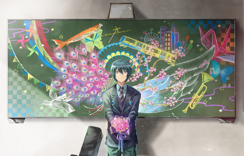 balloon bouquet bug butterfly chair chalk chalkboard checkered clock drawn_wings ferris_wheel fish flag flower green_hair ground_vehicle hayama_eishi highres insect instrument male_focus musical_note necktie origami original paper_crane peacock_feathers pinwheel railroad_crossing railroad_tracks rainbow ribbon school_uniform single_wing smile solo star train trumpet wings yellow_eyes