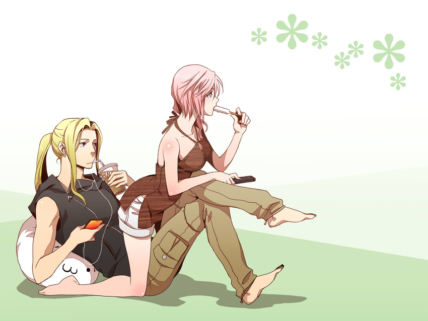 1girl bad_id bad_pixiv_id barefoot blonde_hair blue_eyes cain_highwind couple digital_media_player dissidia_012_final_fantasy dissidia_final_fantasy drink esaka final_fantasy final_fantasy_iv final_fantasy_xiii food hetero highres ice_cream lightning_farron long_hair pink_hair ponytail