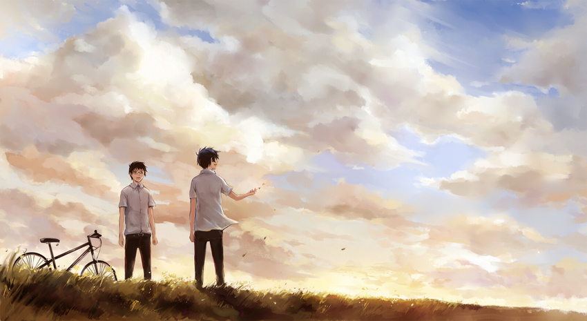 ao_no_exorcist bicycle black_hair blue_eyes brothers cloud glasses grass ground_vehicle highres hill male_focus mole multiple_boys okumura_rin okumura_yukio scenery seal_(seal1102) siblings sky standing twilight wind