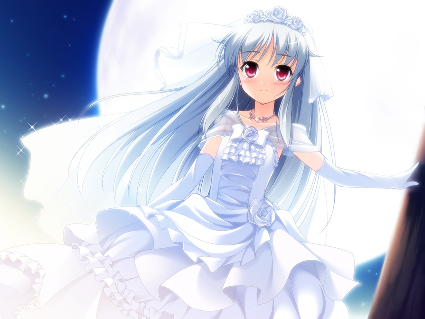 dress game_cg love_kami moon night pink_eyes stars yellow_eyes