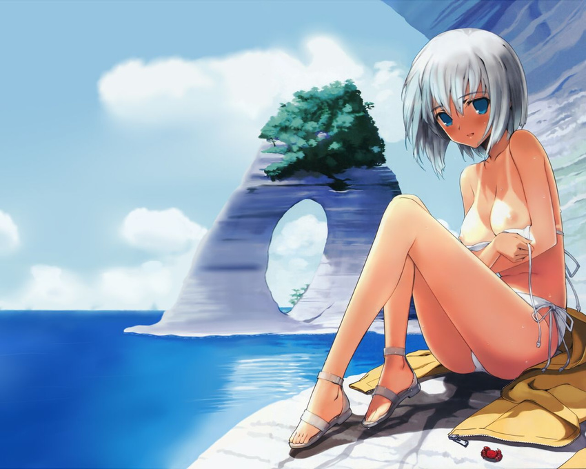 bikini blue_eyes blush bou breast_hold breasts cleavage cliff crab crustacean highres jacket legs nipples ocean original sandals short_hair side-tie_bikini sitting smile solo swimsuit tan tanline untied white_hair