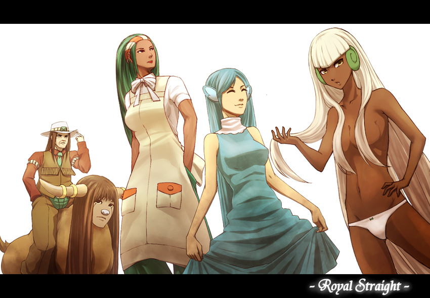 3girls aloe_(pokemon) alternate_hairstyle apron bad_id bad_pixiv_id blue_hair bouffalant breasts brown_eyes buffalo chaps closed_eyes curtsey dark_skin frown gen_5_pokemon green_hair groin gym_leader hair_down hair_over_breasts hairband hand_on_hip hands_in_pockets hat horns long_hair medium_breasts multiple_girls navel necktie nikawa_99-do panties personification pokemon ribbon riding shirt simipour size_difference smile topless underwear very_dark_skin very_long_hair waistcoat whimsicott white_hair yacon_(pokemon)