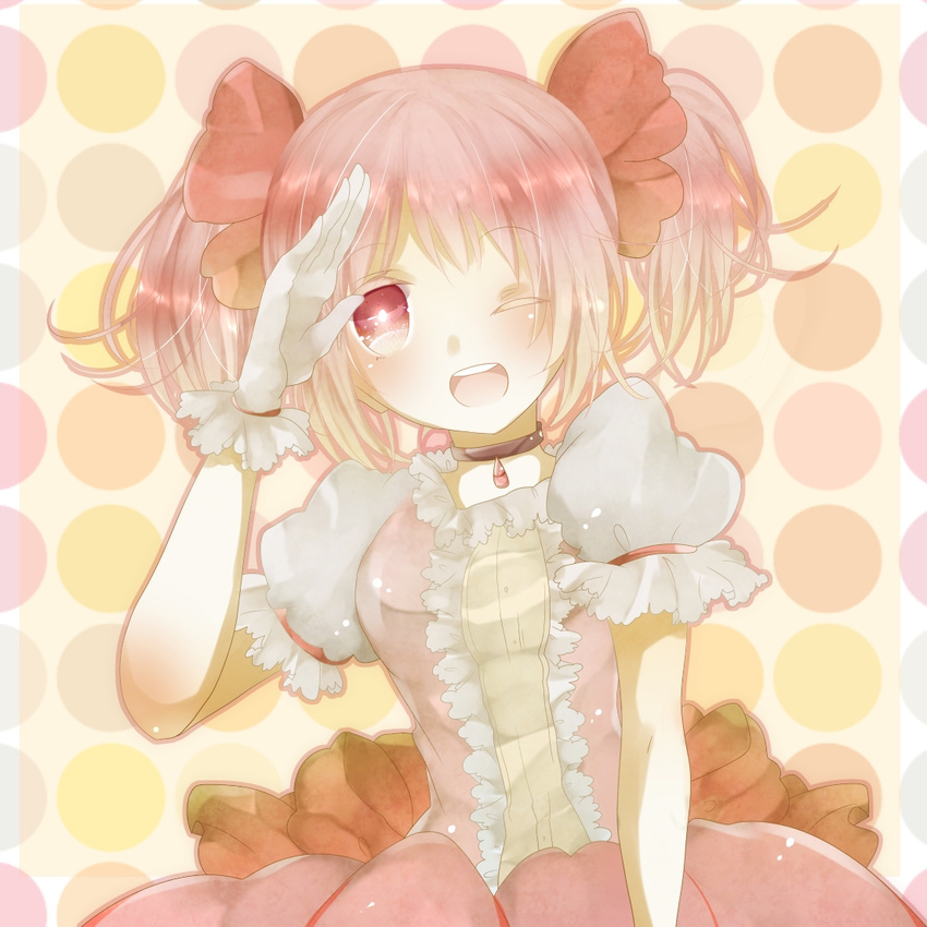 :d bad_id bad_pixiv_id bow choker colored_eyelashes dress frills hair_ribbon happy kaname_madoka magical_girl mahou_shoujo_madoka_magica mizumori_(xcllcx) multicolored multicolored_background one_eye_closed open_mouth pink_eyes pink_hair polka_dot polka_dot_background ribbon salute short_hair short_twintails smile solo twintails