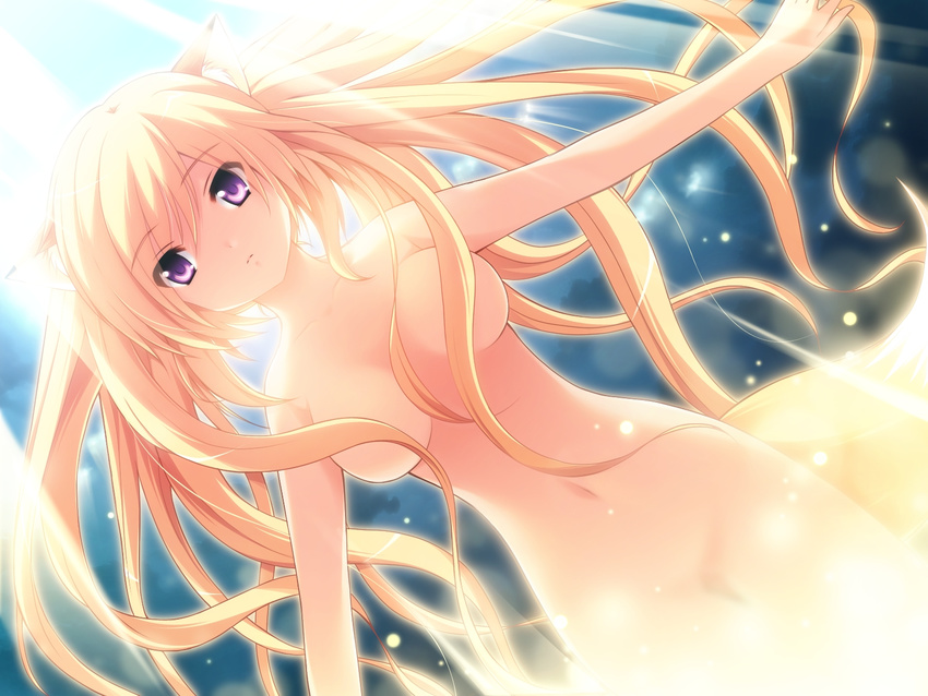 1girl animal_ears blonde_hair fox_ears fox_tail game_cg love_kami motoi_ayumu navel nude purple_eyes pussy solo tail toyokusa_inari