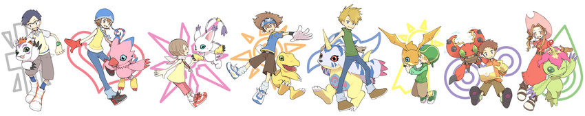 5boys agumon belt blonde_hair blue_hair brown_eyes brown_hair denim digimon digimon_adventure everyone gabumon glasses gloves goggles gomamon hat highres ishida_yamato izumi_koushirou jeans kido_jou long_hair long_image multiple_boys multiple_girls niimura_(csnel) palmon pants patamon piyomon short_hair smile tachikawa_mimi tailmon takaishi_takeru takenouchi_sora tentomon wide_image yagami_hikari yagami_taichi