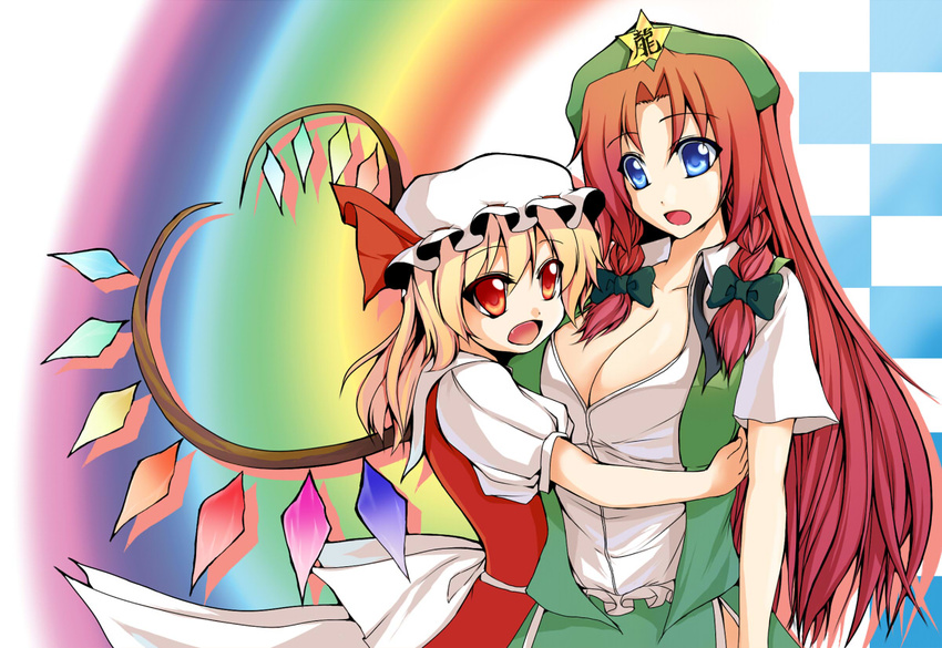 bad_id bad_pixiv_id beret blonde_hair blue_eyes braid breasts cleavage fang flandre_scarlet hat heart heart_wings hong_meiling hug large_breasts long_hair multiple_girls red_eyes red_hair ryuushou star touhou twin_braids upper_body wings