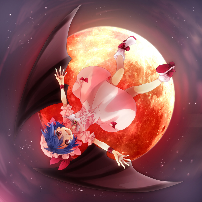 amaya_enaka bat_wings blue_hair fangs full_moon hat highres moon night open_mouth outstretched_arms red_eyes red_moon remilia_scarlet shirt short_hair skirt skirt_set sky smile solo star_(sky) touhou upside-down wings wristband