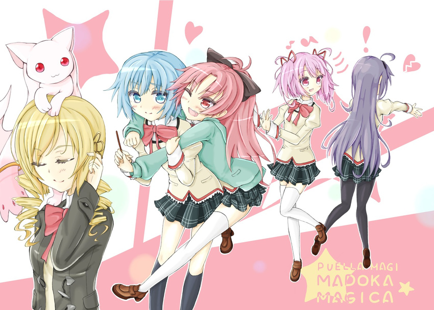 akemi_homura bad_id bad_pixiv_id black_hair black_legwear blue_hair blush kaname_madoka kyubey long_hair mahou_shoujo_madoka_magica miki_sayaka multiple_girls pantyhose pink_hair ponytail rateratte red_hair sakura_kyouko school_uniform short_hair sitting sitting_on_head sitting_on_person thighhighs tomoe_mami white_legwear