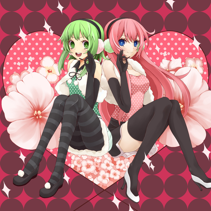 black_legwear blue_eyes earmuffs flower green_eyes green_hair gumi happy_synthesizer_(vocaloid) headset highres long_hair megurine_luka multiple_girls open_mouth pantyhose pink_hair polka_dot sitting skirt smile striped striped_legwear tawara_hiryuu thighhighs very_long_hair vocaloid