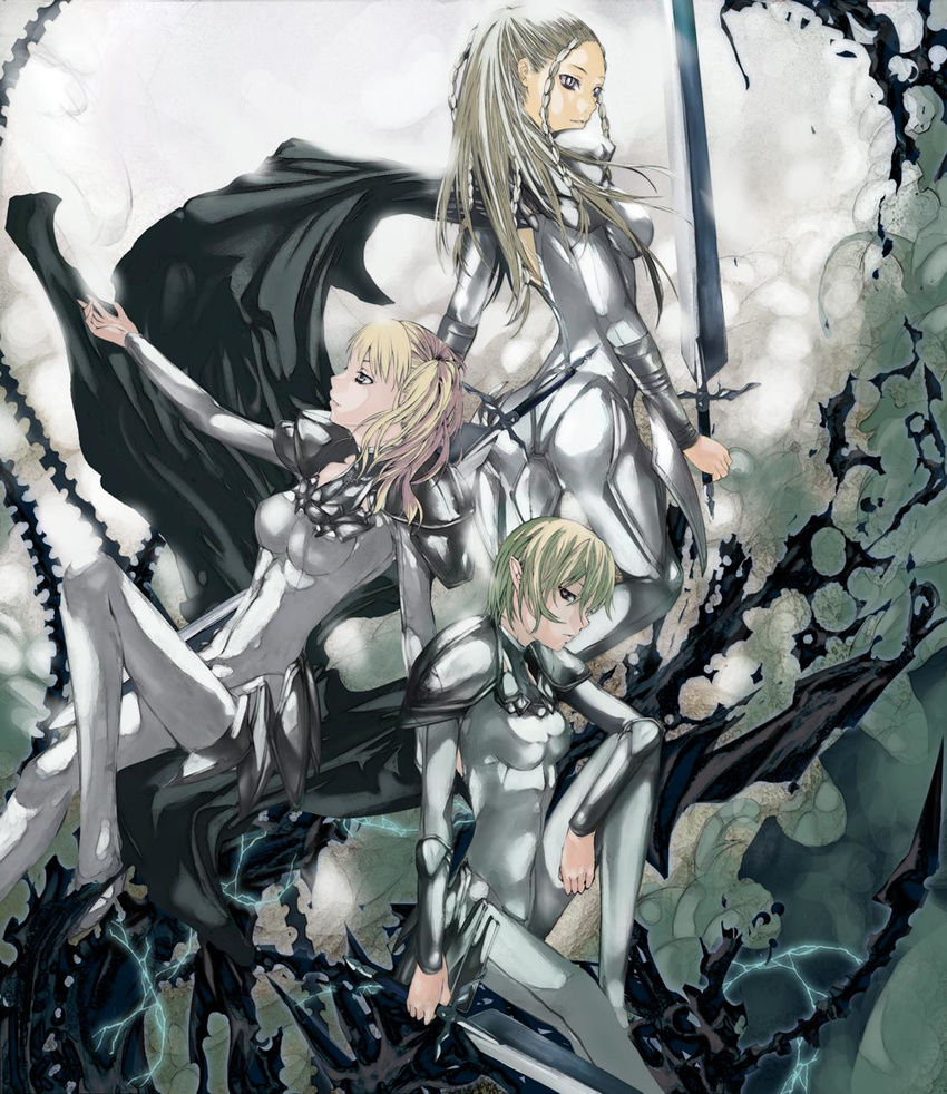 armor blonde_hair bodysuit braid cape cassandra_(claymore) claymore claymore_(sword) highres hysteria_(claymore) long_hair multiple_girls nyami outstretched_arm pointy_ears profile roxanne_(claymore) short_hair silver_eyes sitting sword twintails weapon