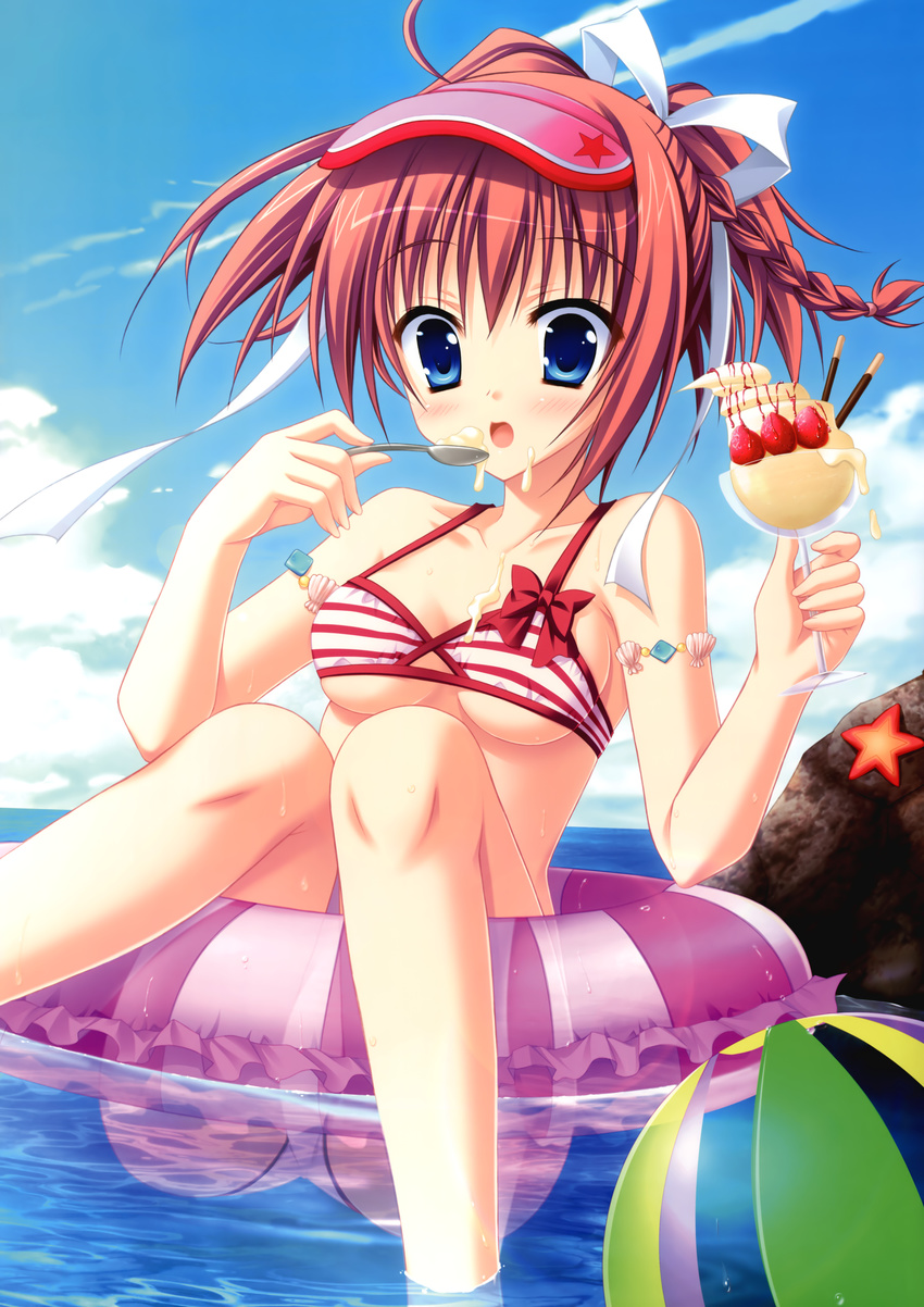 absurdres ball beachball bikini blue_eyes blush braid day endou_saya_(kisaragi_gold_star) food highres innertube kisaragi_gold_star moribe_(rabumanyo) ocean open_mouth outdoors parfait pocky red_hair solo swimsuit water