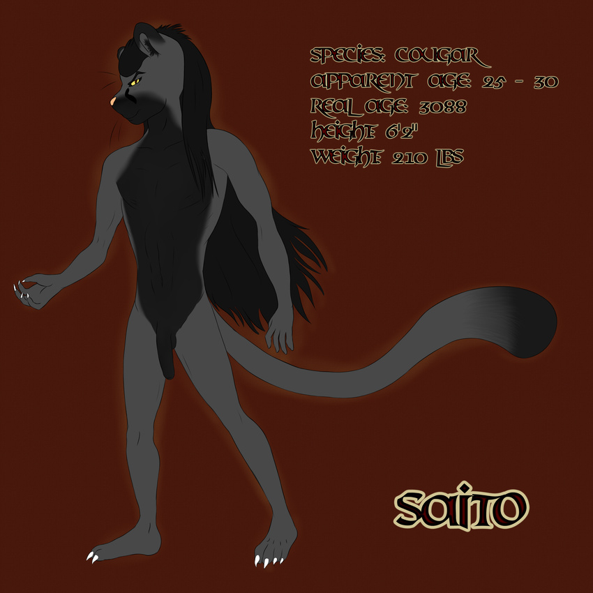 black_hair black_penis black_sclera cougar dxm feline hair hi_res male mammal model_sheet nude penis saito solo yellow_eyes