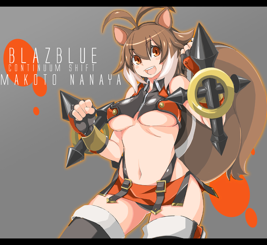 :d animal_ears black_legwear blazblue breasts brown_hair character_name copyright_name dual_wielding fingerless_gloves gloves happy holding large_breasts makoto_nanaya midriff multicolored_hair navel omega.ep open_mouth orange_eyes orange_skirt revealing_clothes short_hair skirt smile solo squirrel_ears squirrel_tail tail thighhighs tonfa two-tone_hair underboob weapon white_hair