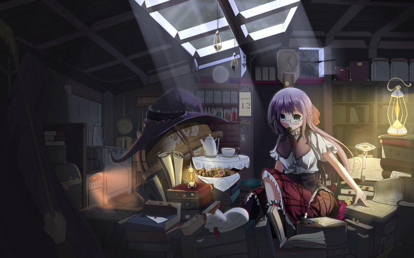 book bookshelf broom calendar_(object) cat clock cookie cup dish fatkewell flask food frying_pan glasses globe green_eyes hat highres inkwell key ladle lamp moonlight original purple_hair quill scroll teacup teapot treasure_chest witch_hat