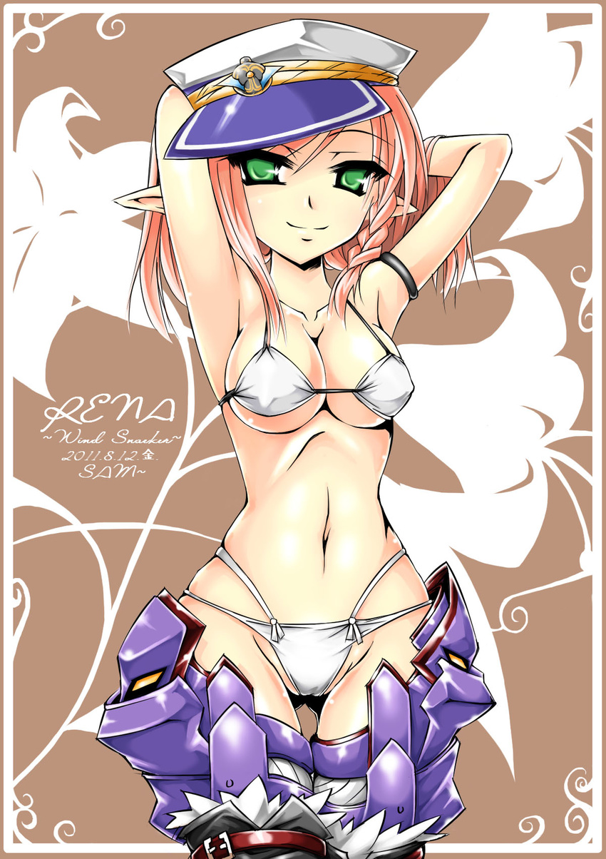 armor bikini border braid breasts brown_background character_name cleavage ecell elsword green_eyes groin hat highres medium_breasts outside_border pink_hair pointy_ears rena_(elsword) short_hair smile solo swimsuit thighhighs underboob white_border