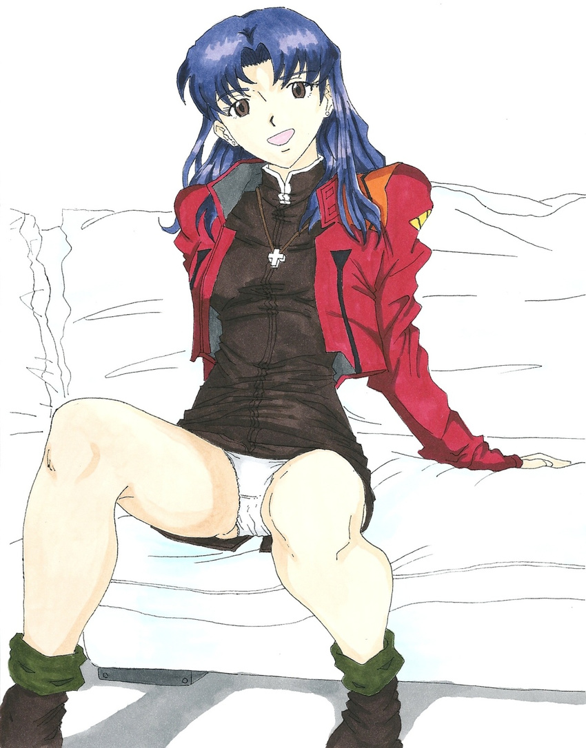 blue_hair dress highres katsuragi_misato lostunicorn neon_genesis_evangelion panties underwear