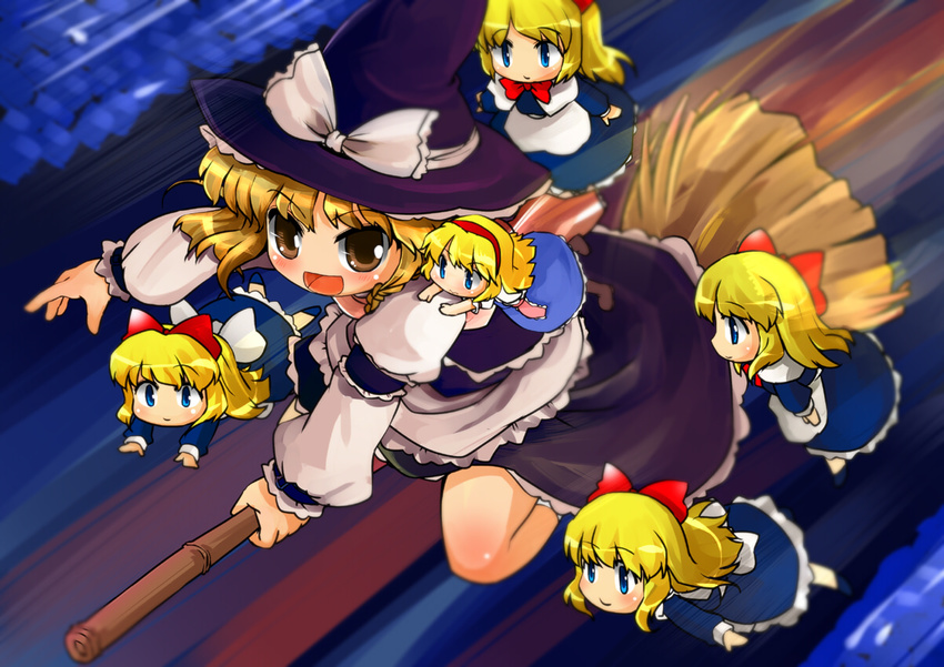 alice_margatroid bamboo_broom blonde_hair blue_eyes bow braid broom broom_riding doll dress flying frills hair_bow hairband hat hat_bow hikami_izuto kirisame_marisa minigirl multiple_girls scarf shanghai_doll touhou white_bow witch_hat yellow_eyes